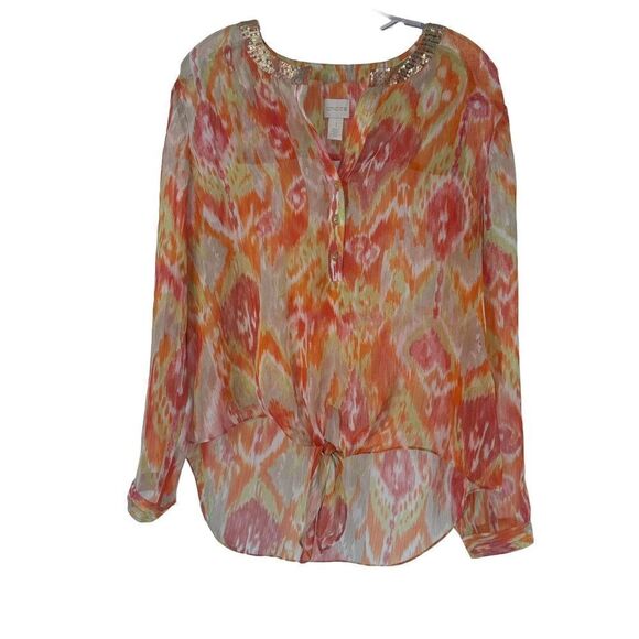 Chicos Summer Ikat Moria Top Sheer Sequin Front Tie V Neck Orange Size 1 US M - Picture 1 of 7